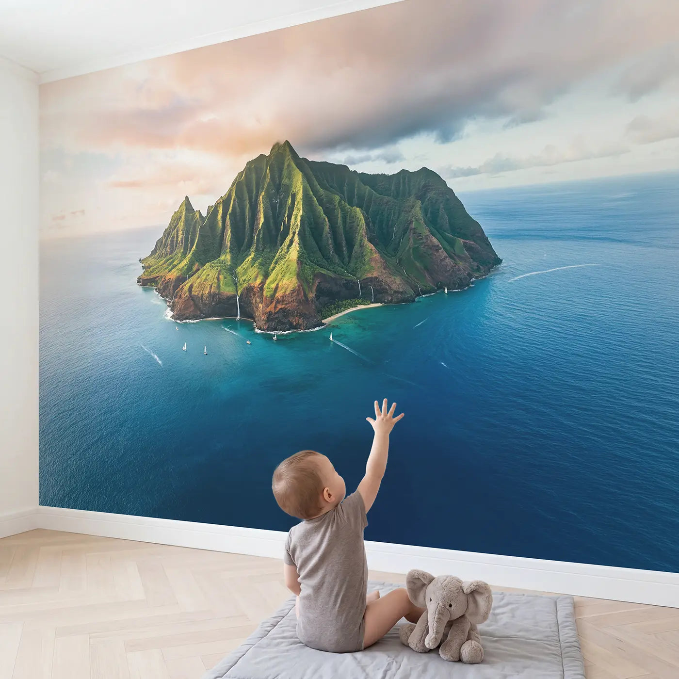Child in nursery with Volcanic Island Peaks Wallpaper Mural by Whimsy Tots