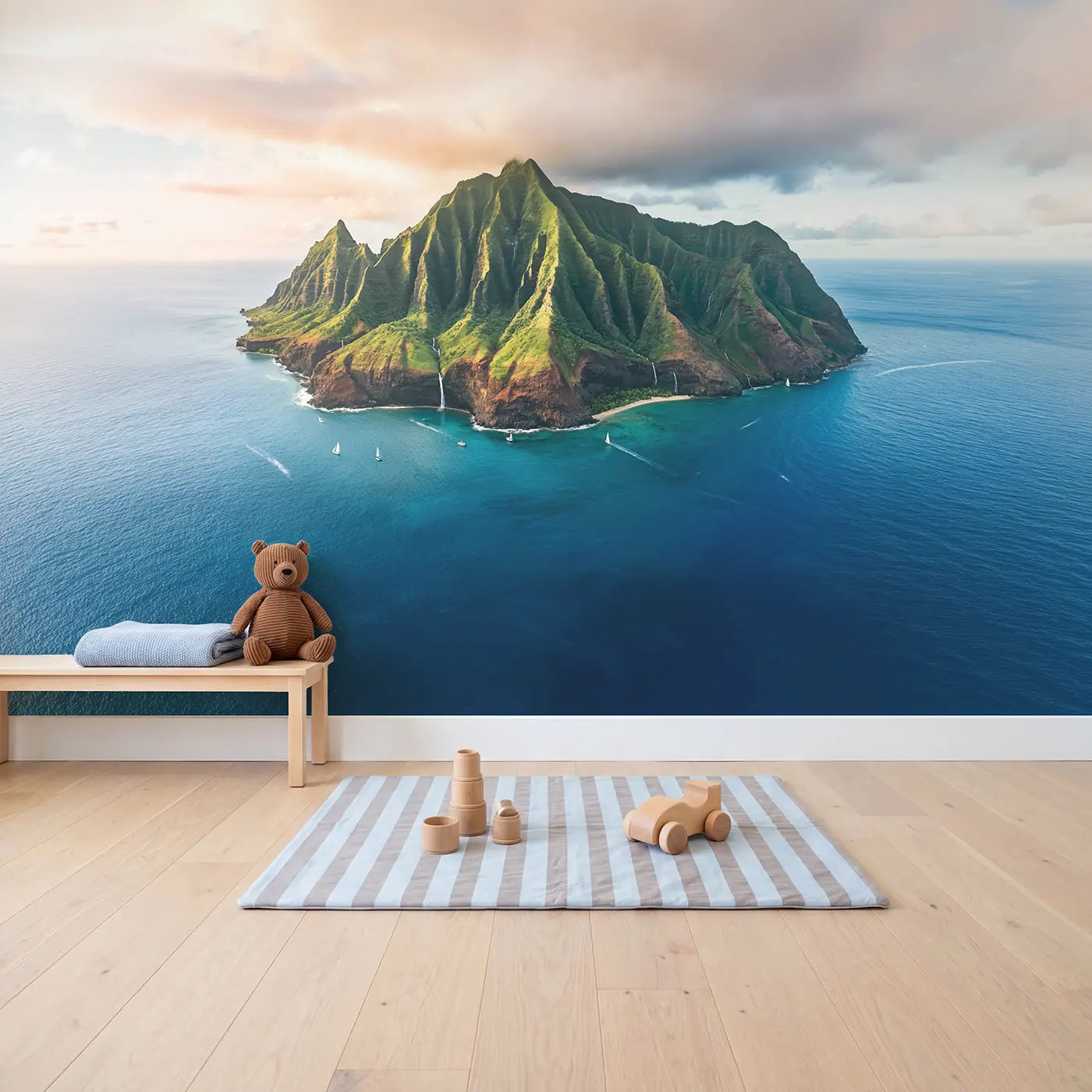 Volcanic Island Peaks Wallpaper Mural in playroom setting by Whimsy Tots