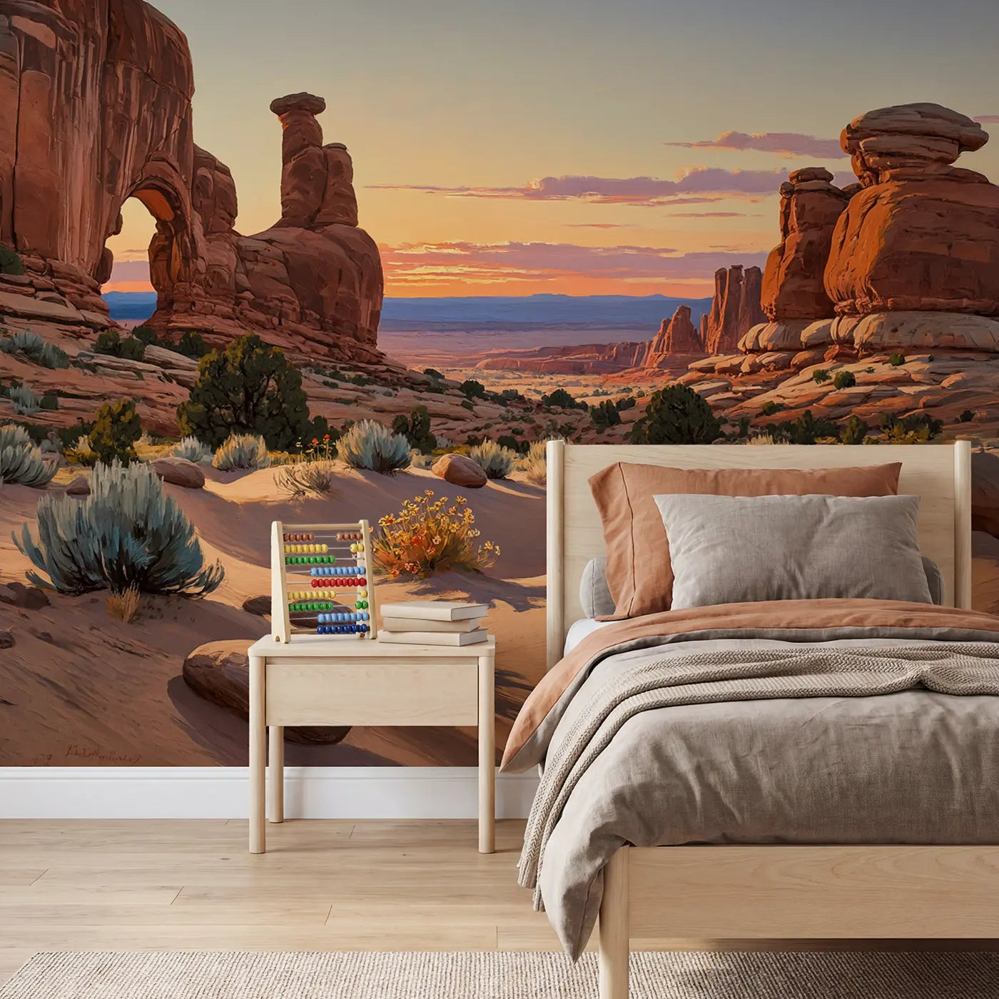 Painted landscape sandstone arches desert sunset wallpaper mural for kids room by Whimsy Tots