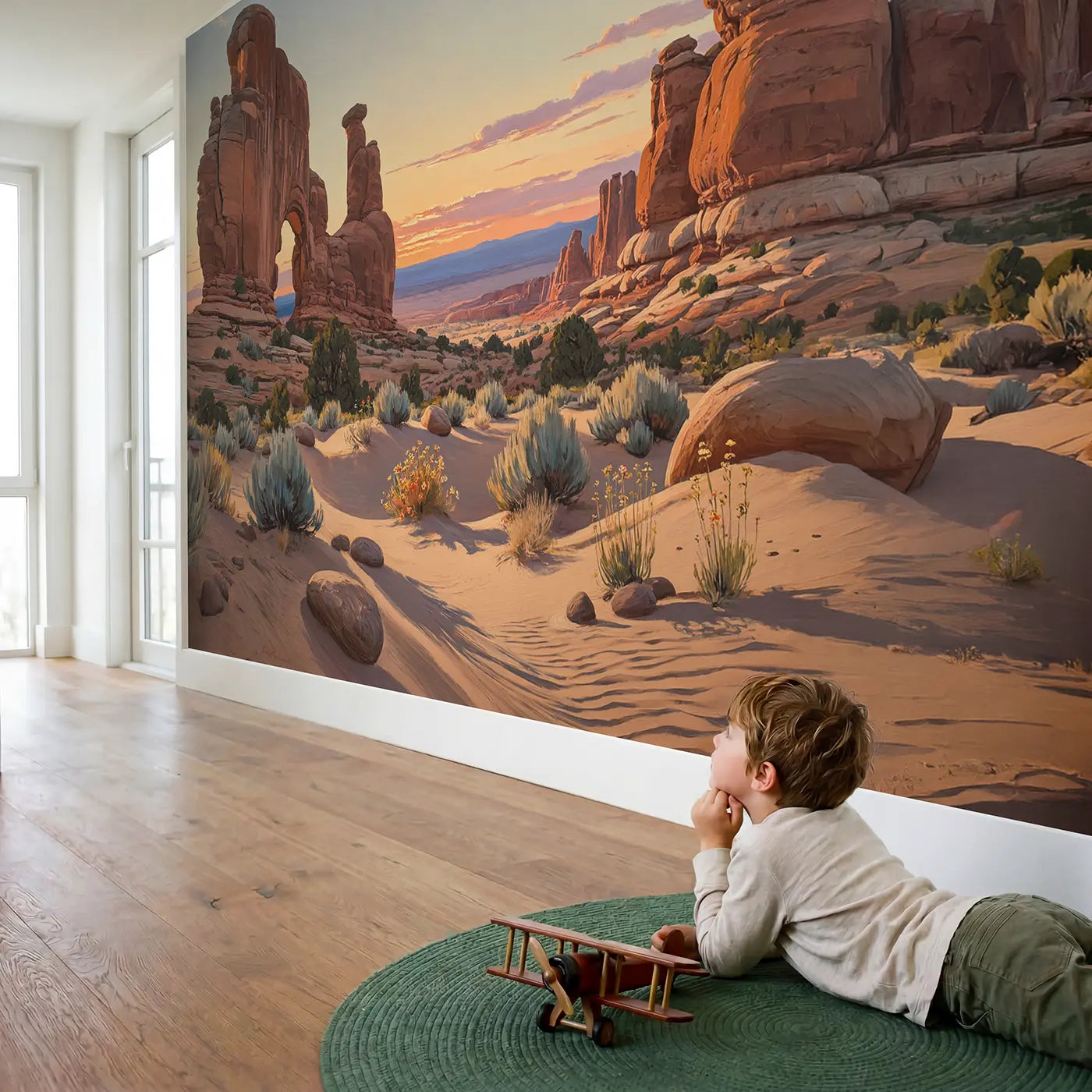 Child in nursery with Desert Sandstone Arches Wallpaper Mural by Whimsy Tots