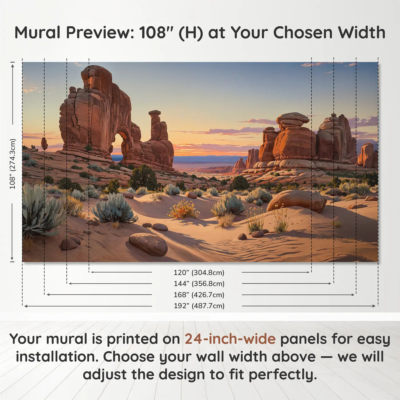 Panel layout and dimensions for Desert Sandstone Arches Wallpaper Mural by Whimsy Tots