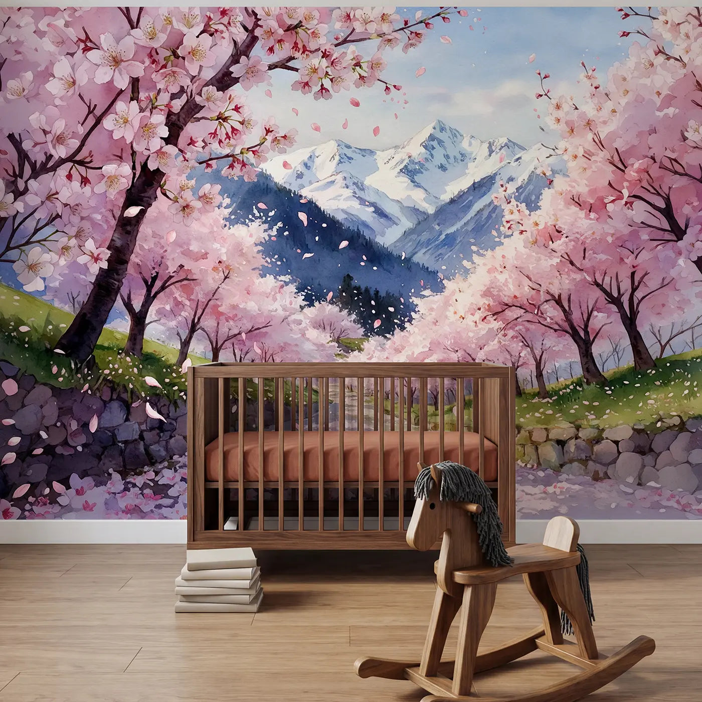 Watercolor cherry blossom mountains lake wallpaper mural for nursery by Whimsy Tots