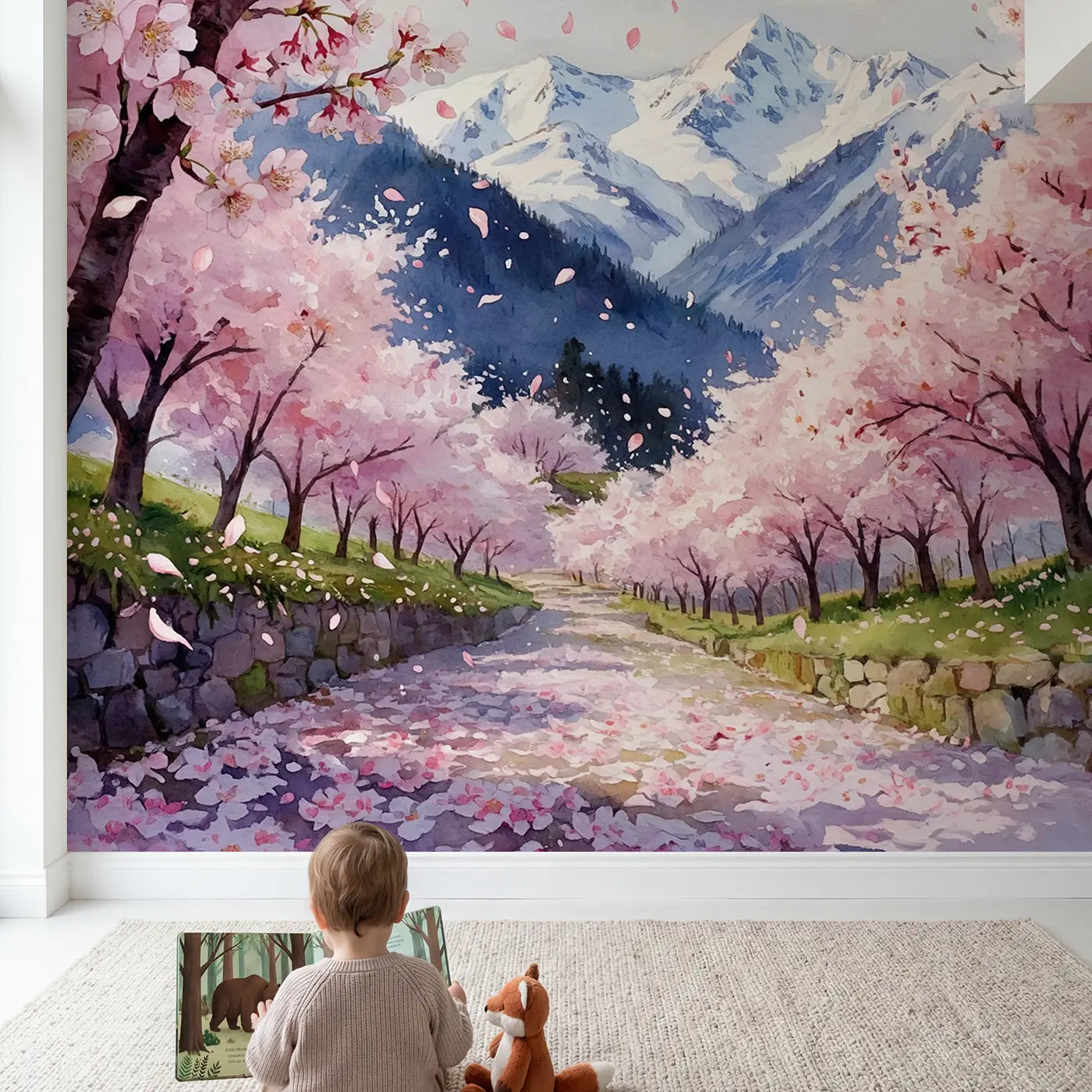 Child in nursery with Cherry Blossom Mountains Wallpaper Mural by Whimsy Tots