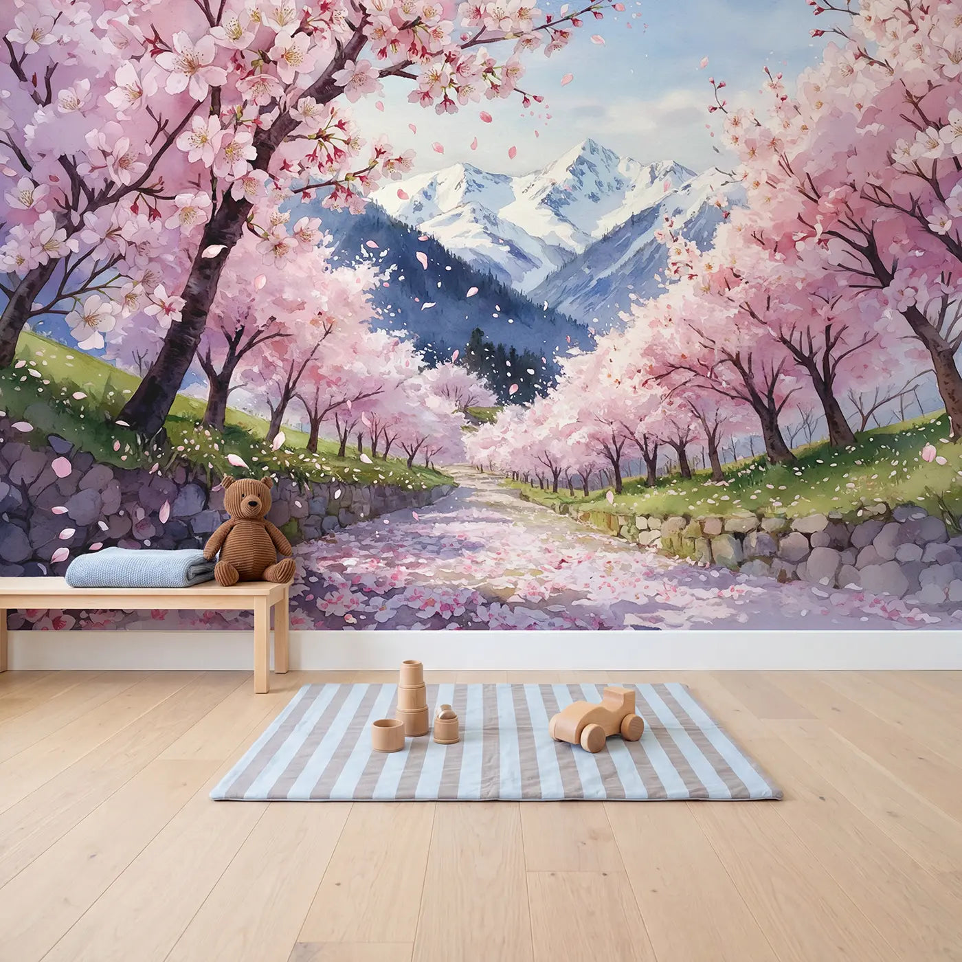 Cherry Blossom Mountains Wallpaper Mural in playroom setting by Whimsy Tots