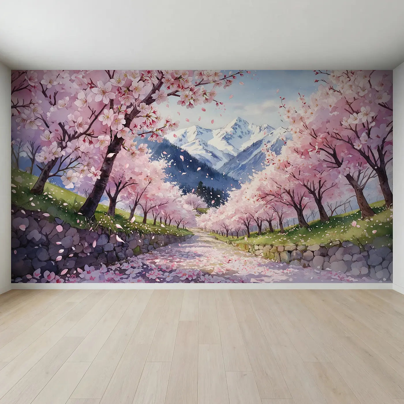 Full view of Cherry Blossom Mountains Wallpaper Mural by Whimsy Tots