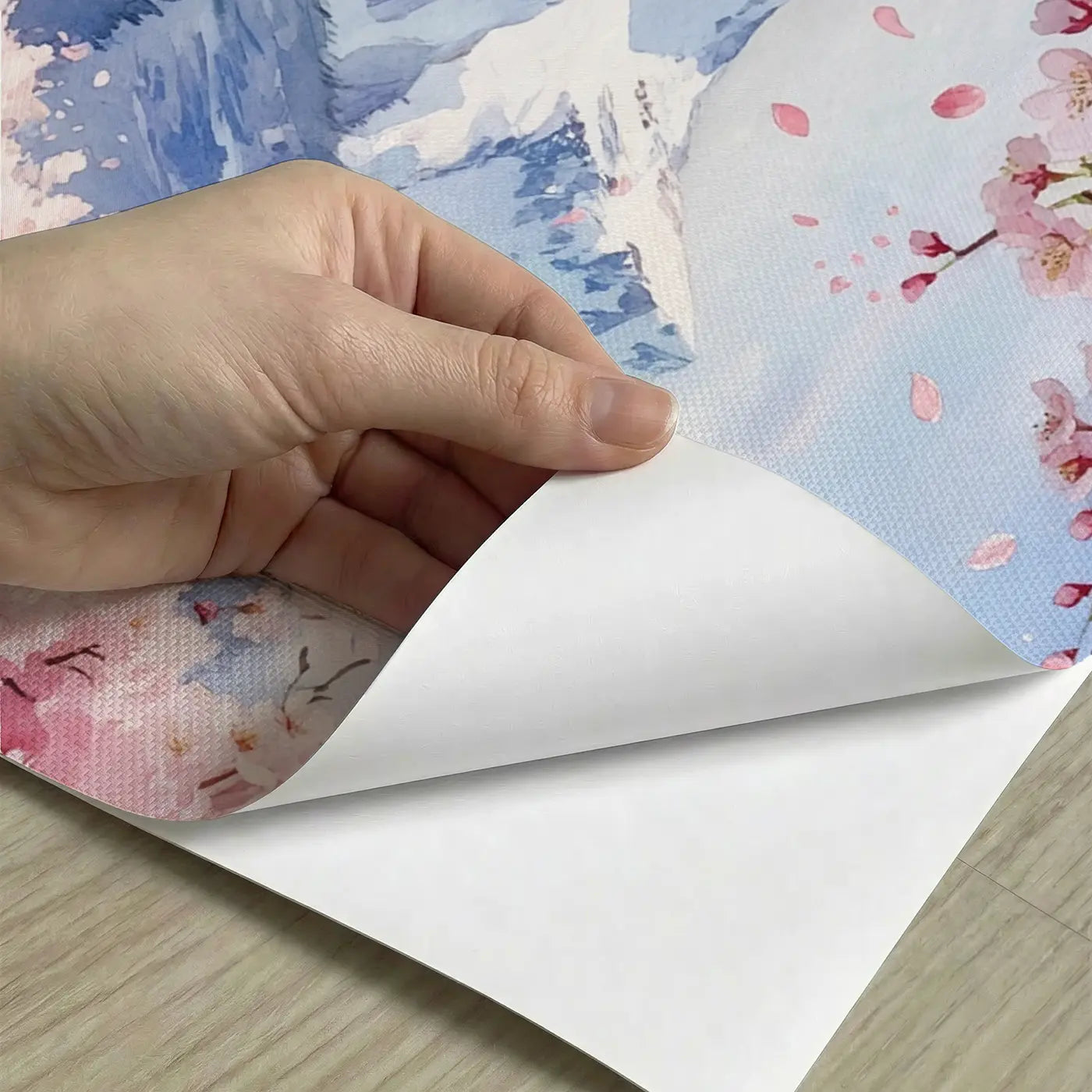 Peel-and-stick detail of Cherry Blossom Mountains Wallpaper Mural by Whimsy Tots
