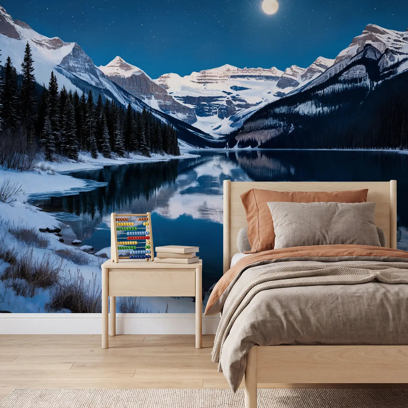soft pastel moonlit snow mountains frozen lake wallpaper mural for kids room by Whimsy Tots