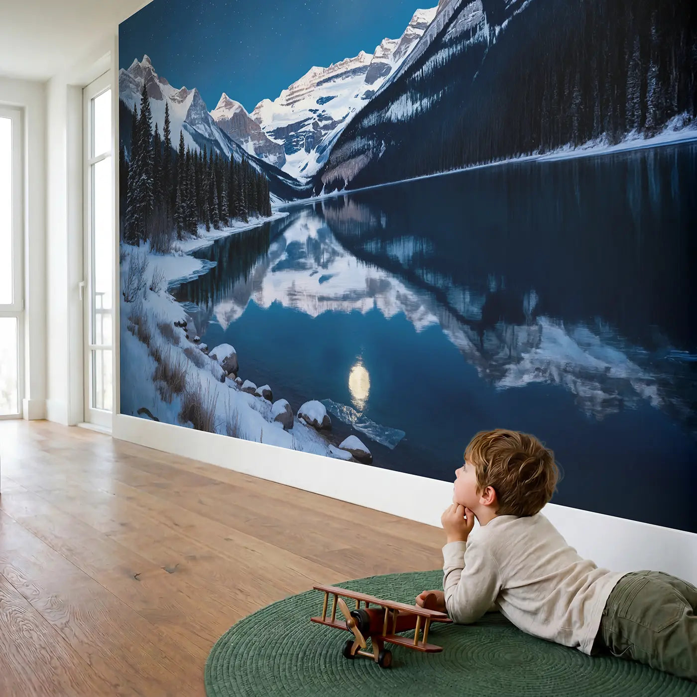 Child in nursery with Moonlit Snow Mountain Mirror Wallpaper Mural by Whimsy Tots