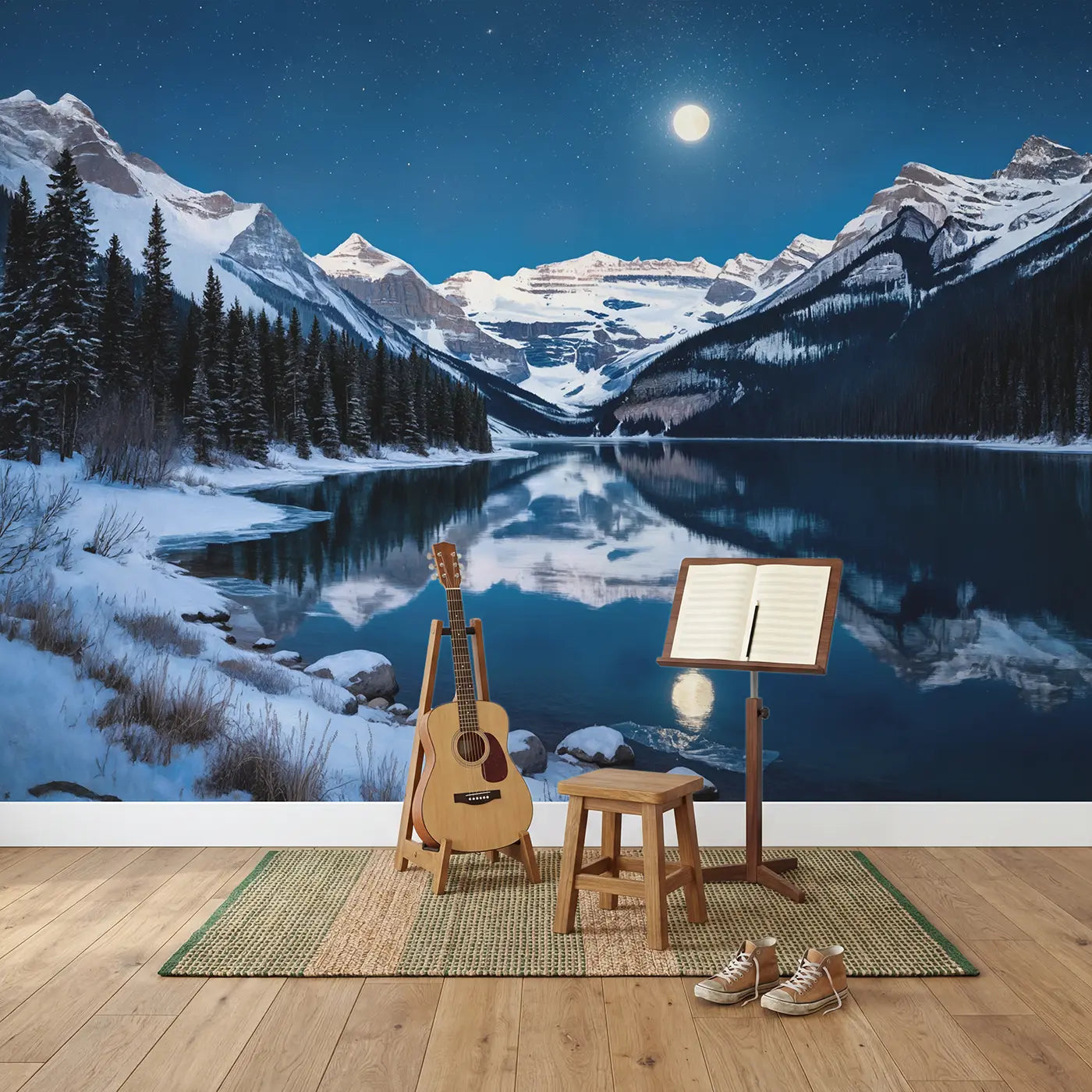 Moonlit Snow Mountain Mirror Wallpaper Mural in playroom setting by Whimsy Tots