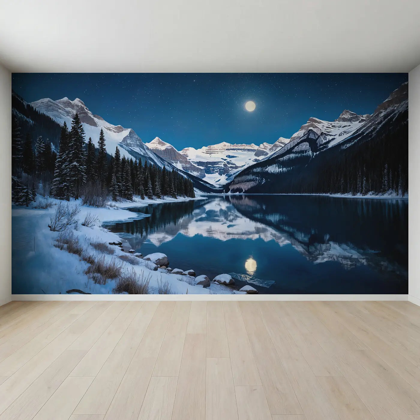 Full view of Moonlit Snow Mountain Mirror Wallpaper Mural by Whimsy Tots
