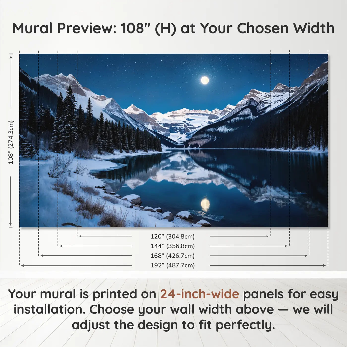 Panel layout and dimensions for Moonlit Snow Mountain Mirror Wallpaper Mural by Whimsy Tots