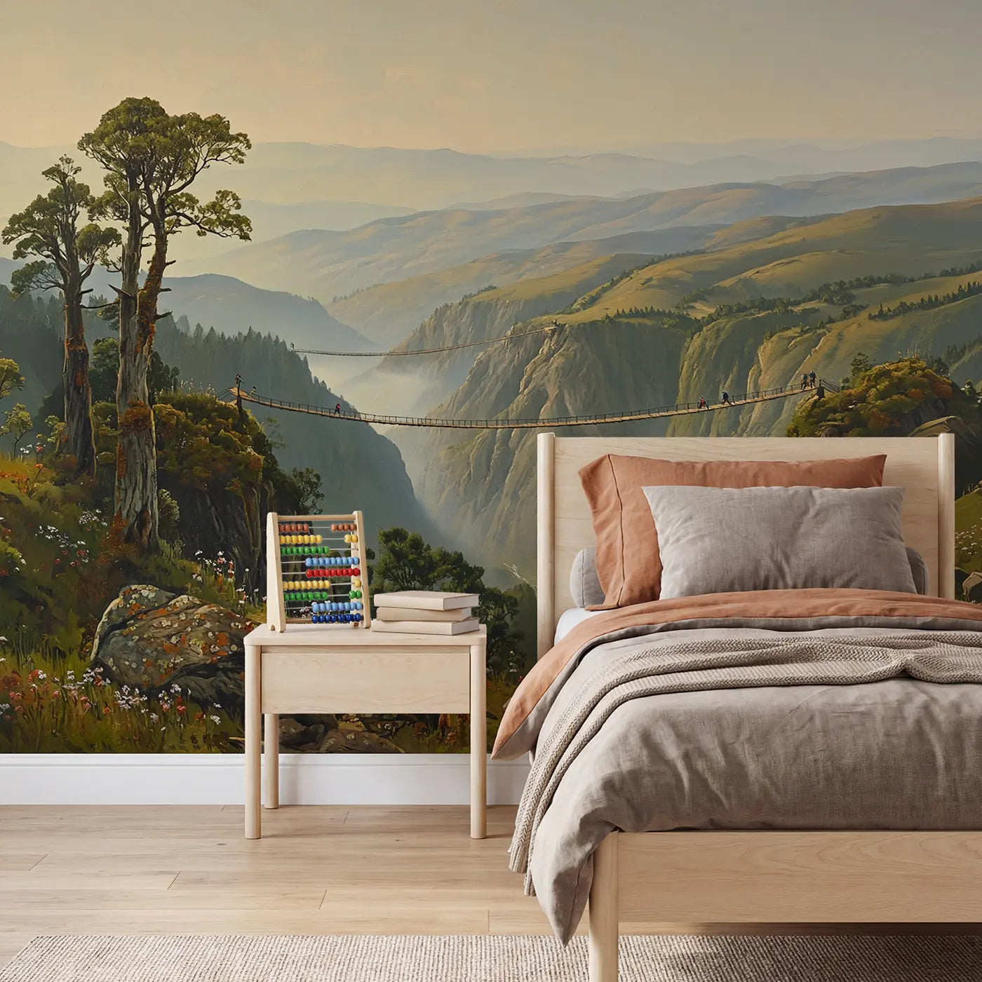Painted landscape mountain gorge bridges wallpaper mural for kids room by Whimsy Tots