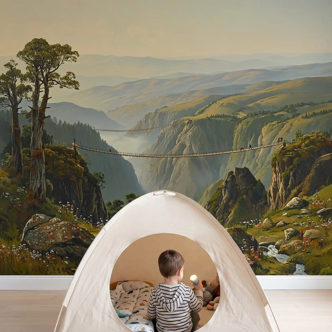 Child in nursery with Mountain Gorge Hanging Bridges Wallpaper Mural by Whimsy Tots