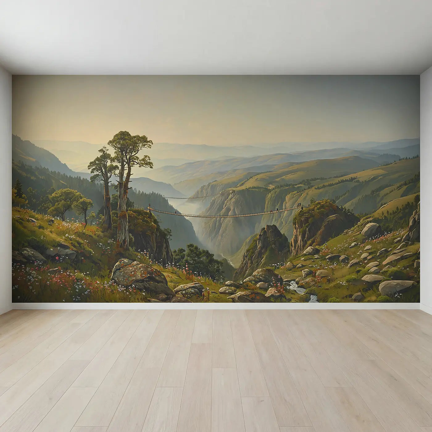 Full view of Mountain Gorge Hanging Bridges Wallpaper Mural by Whimsy Tots