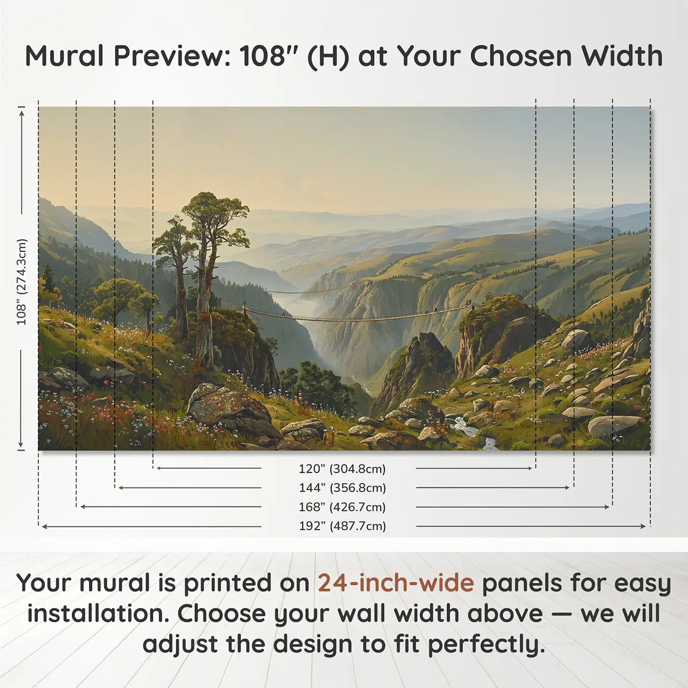 Panel layout and dimensions for Mountain Gorge Hanging Bridges Wallpaper Mural by Whimsy Tots