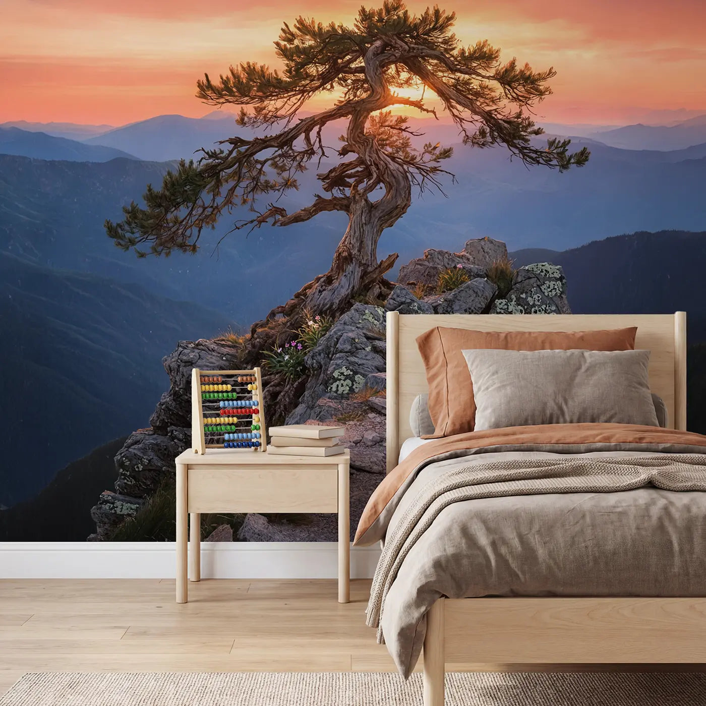 Soft pastel ancient pine mountain summit wallpaper mural for kids room by Whimsy Tots