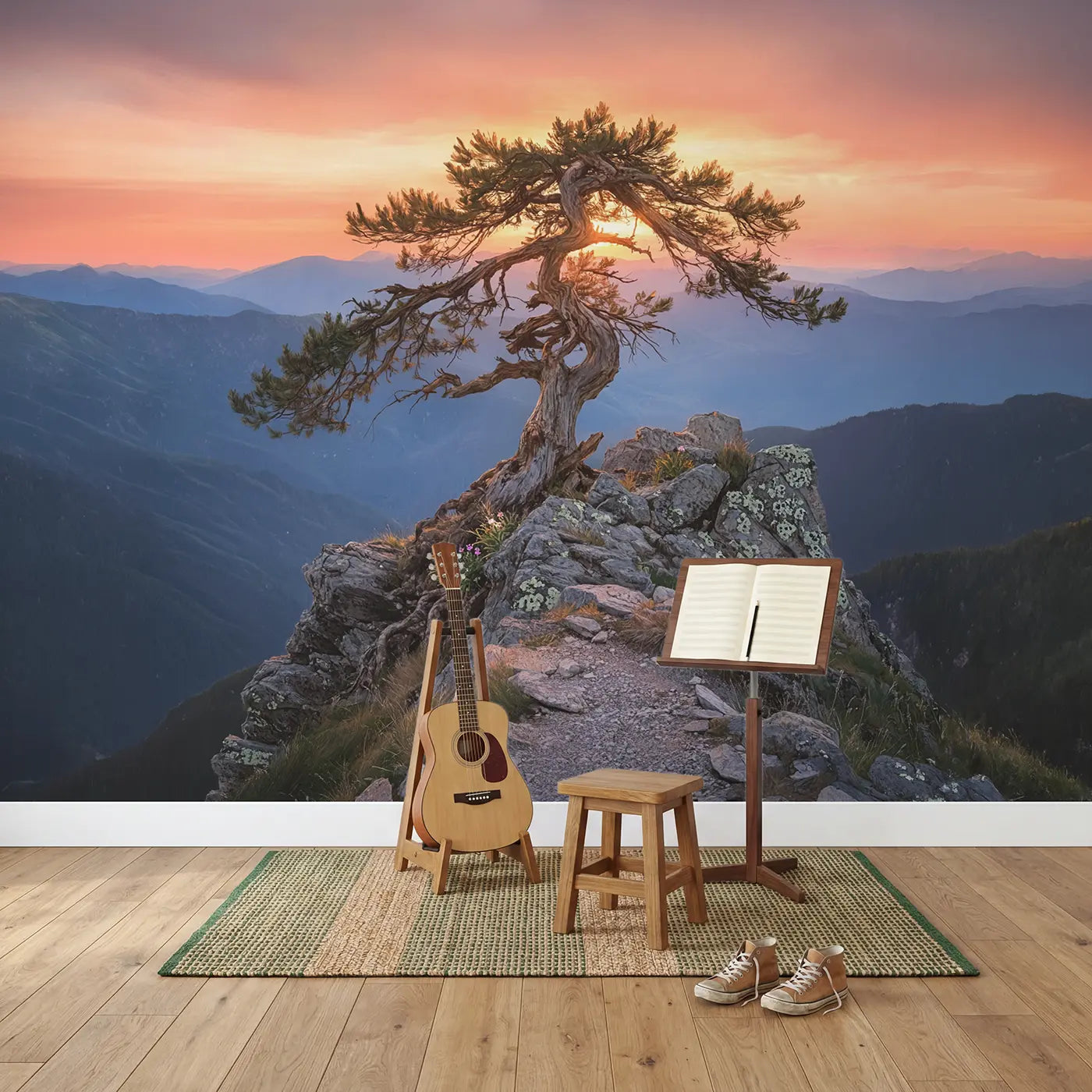 Ancient Windswept Pine Summit Wallpaper Mural in playroom setting by Whimsy Tots