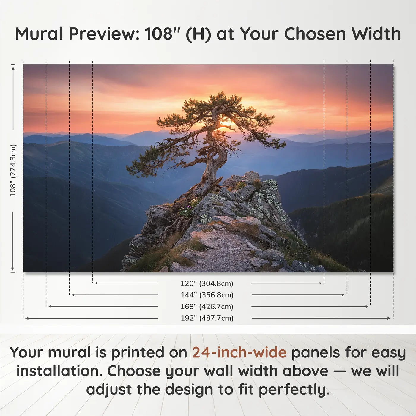 Panel layout and dimensions for Ancient Windswept Pine Summit Wallpaper Mural by Whimsy Tots