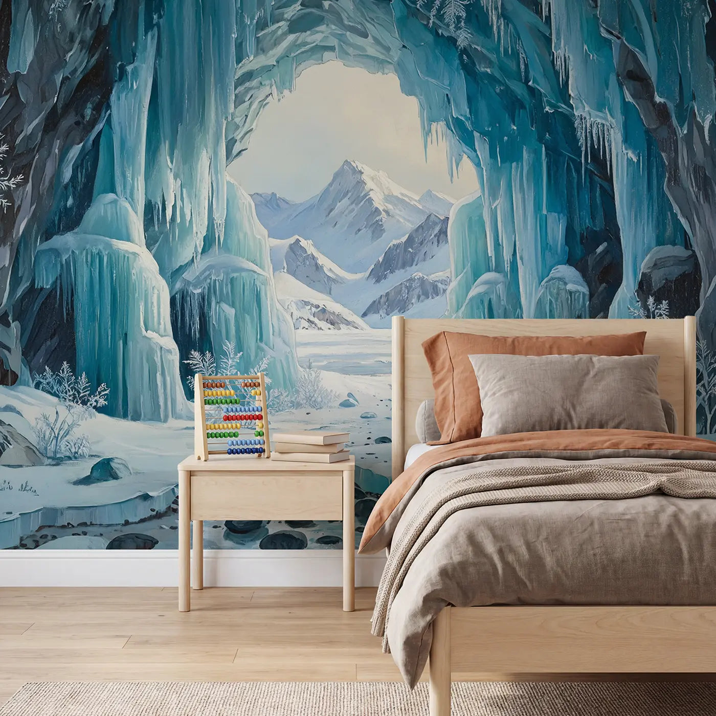 painted landscape ice cave mountain vista winter wallpaper mural for kids room by Whimsy Tots