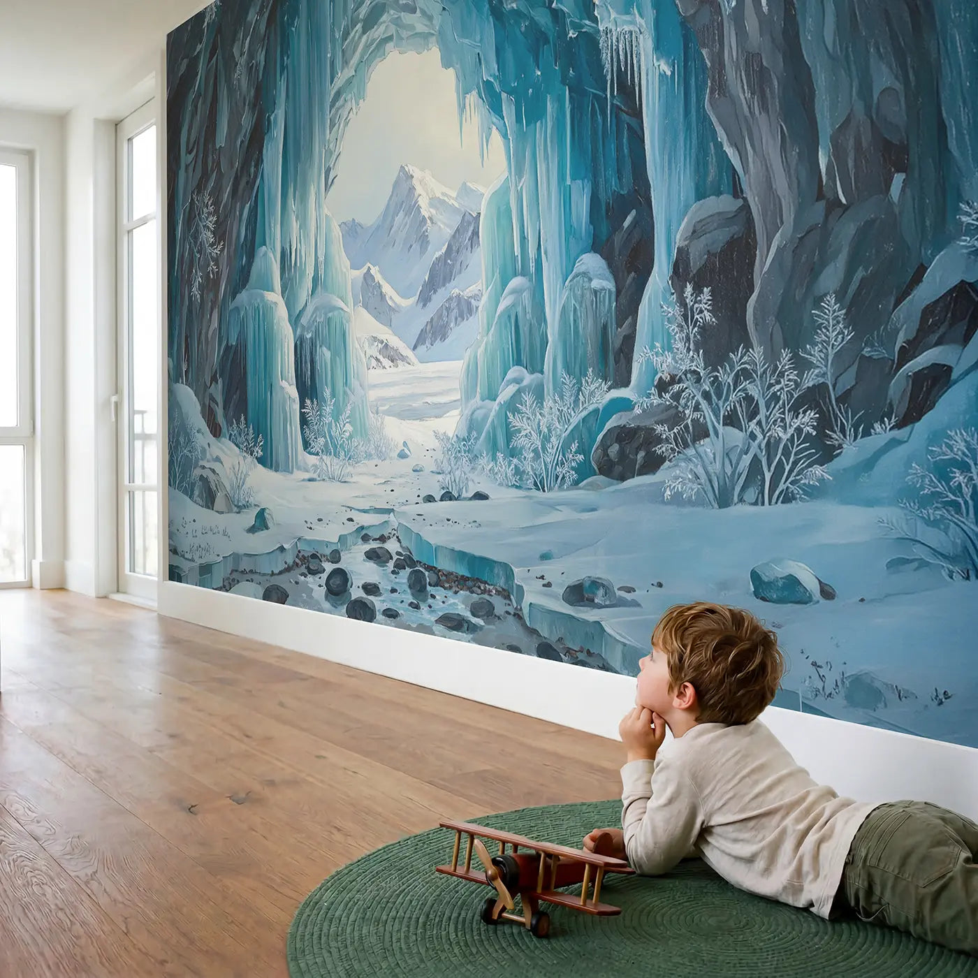 Child in nursery with Mountain Ice Cave Vista Wallpaper Mural by Whimsy Tots