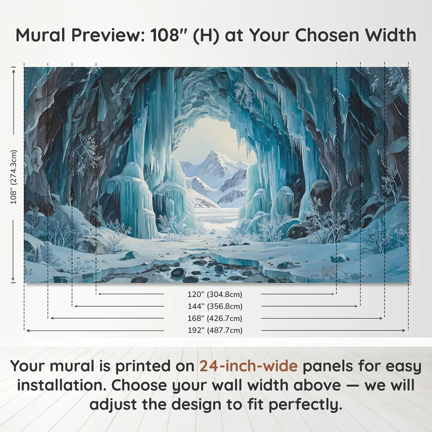 Panel layout and dimensions for Mountain Ice Cave Vista Wallpaper Mural by Whimsy Tots