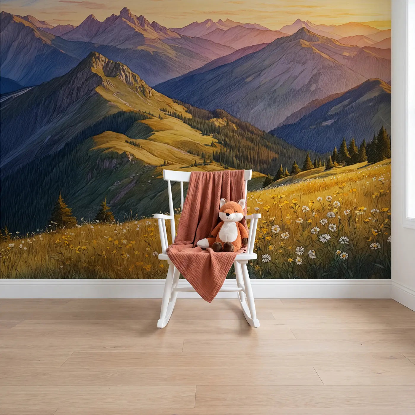 storybook golden hour mountain range wallpaper mural for girls room by Whimsy Tots