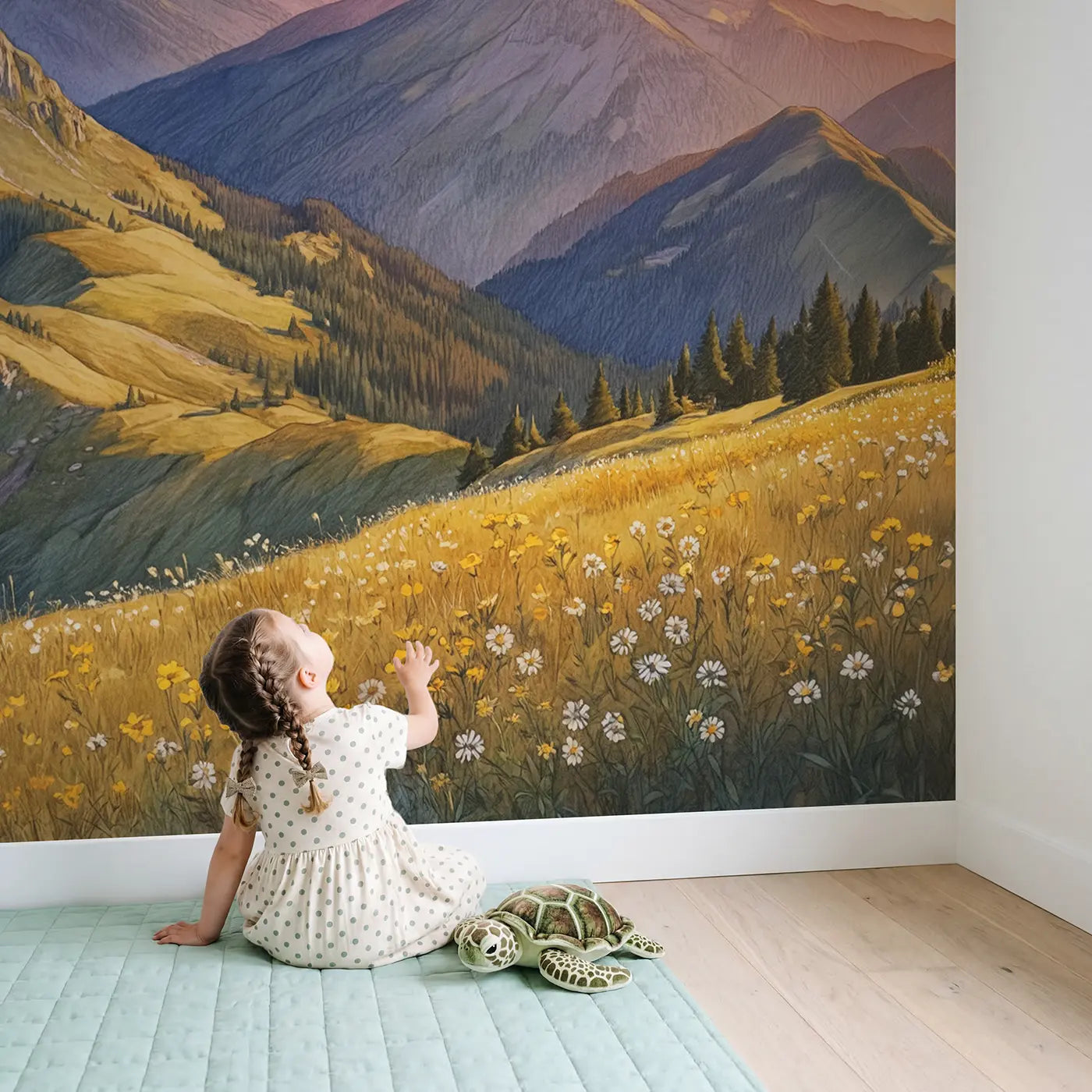 Child in nursery with Golden Hour Mountain Range Wallpaper Mural by Whimsy Tots