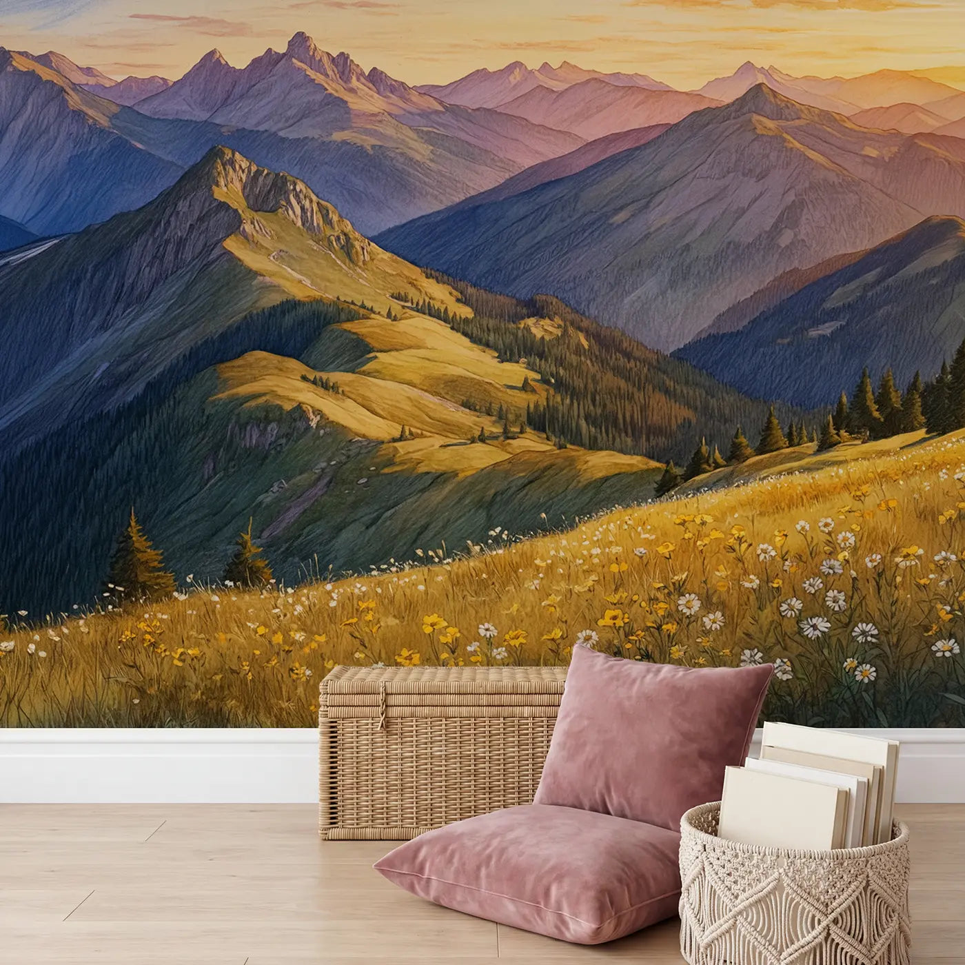Golden Hour Mountain Range Wallpaper Mural in playroom setting by Whimsy Tots