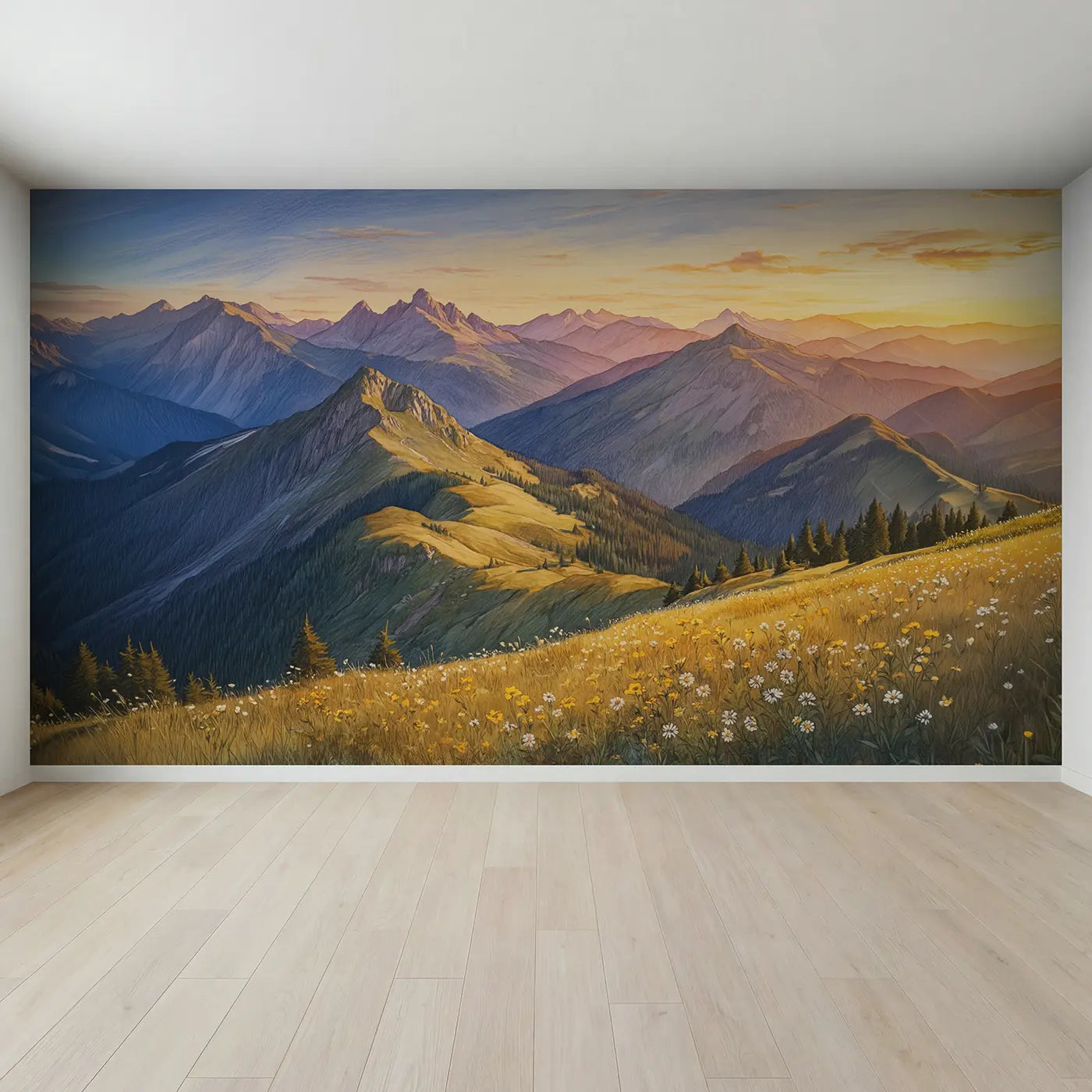 Full view of Golden Hour Mountain Range Wallpaper Mural by Whimsy Tots