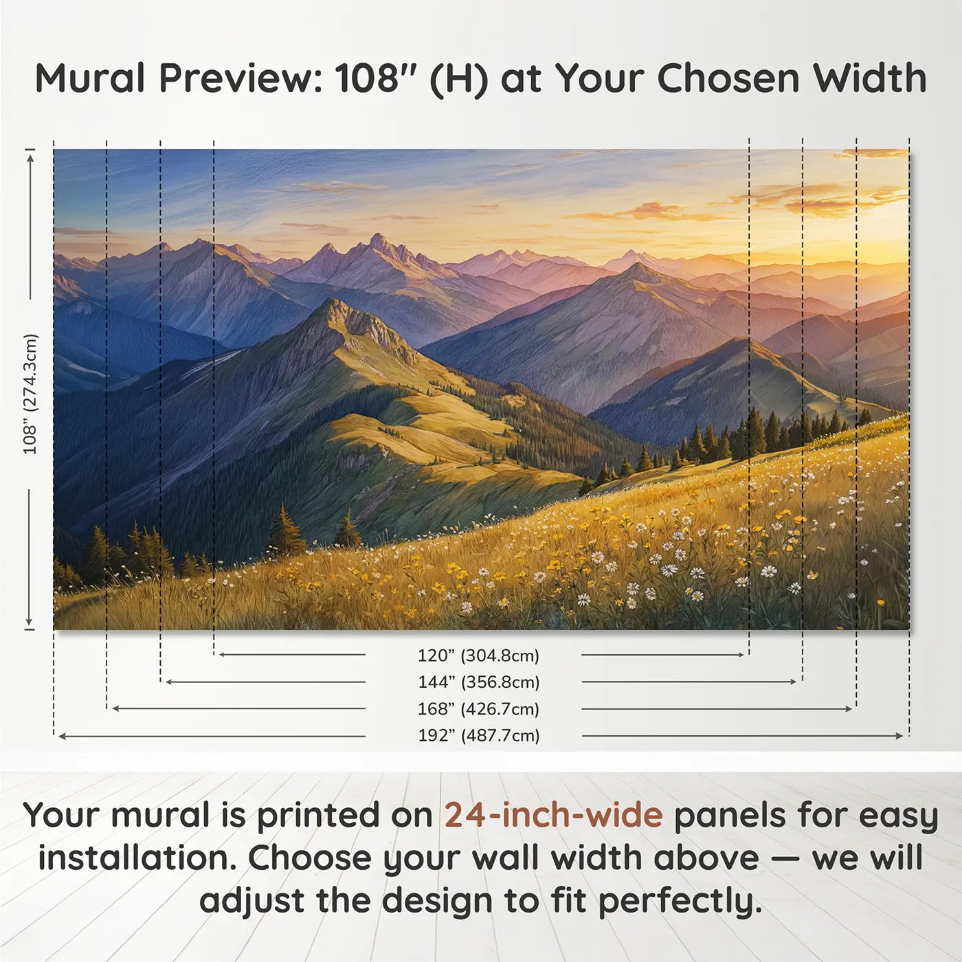 Panel layout and dimensions for Golden Hour Mountain Range Wallpaper Mural by Whimsy Tots