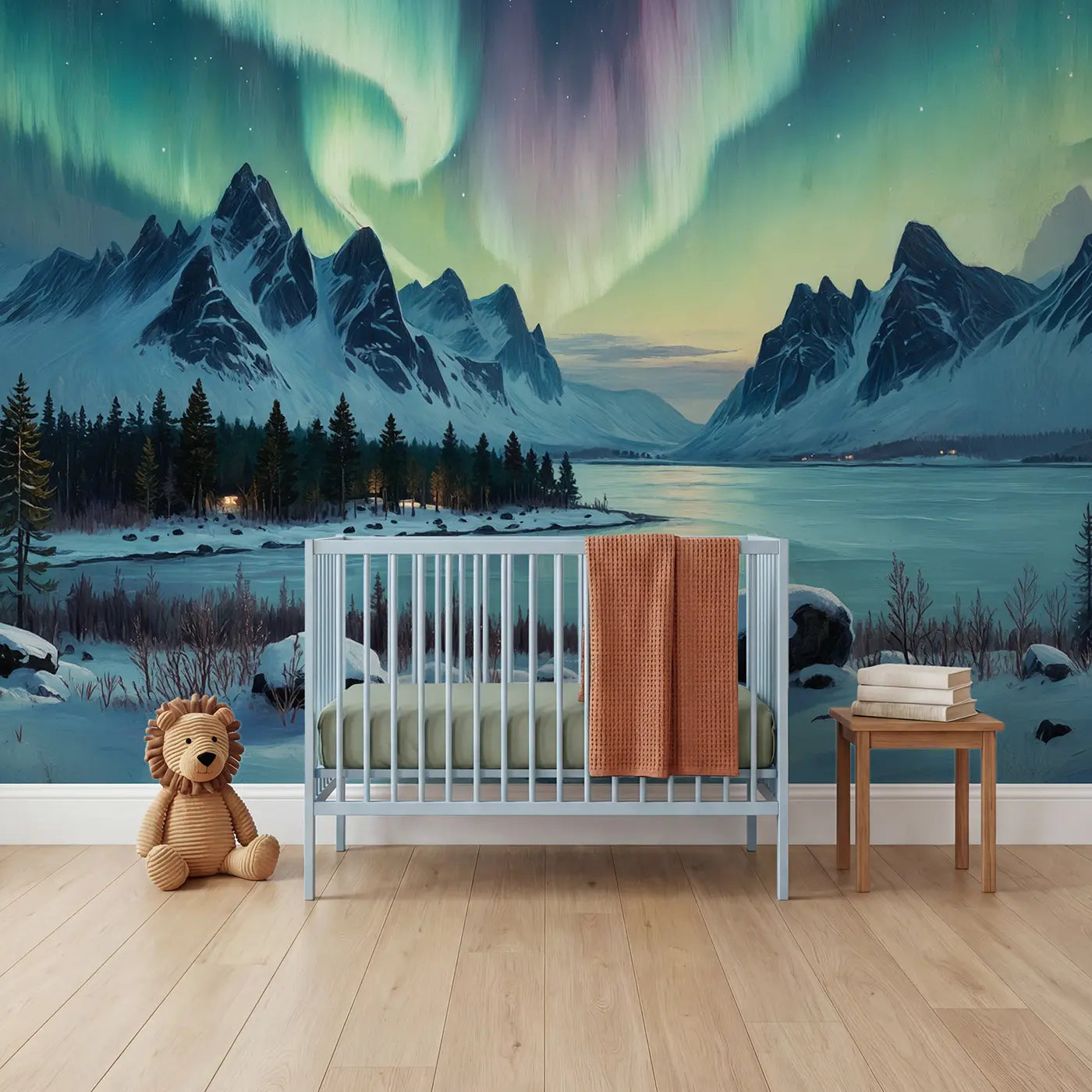 painted arctic aurora mountain night wallpaper mural for nursery by Whimsy Tots