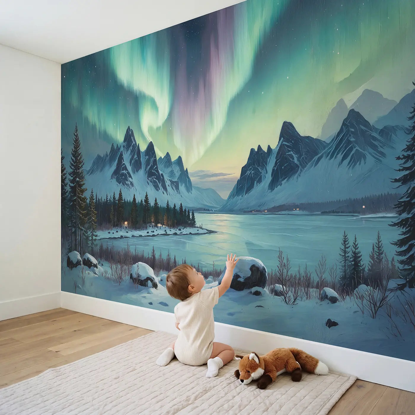 Child in nursery with Arctic Aurora Mountain Wallpaper Mural by Whimsy Tots
