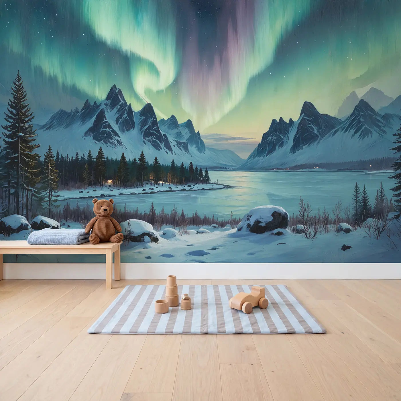 Arctic Aurora Mountain Wallpaper Mural in playroom setting by Whimsy Tots