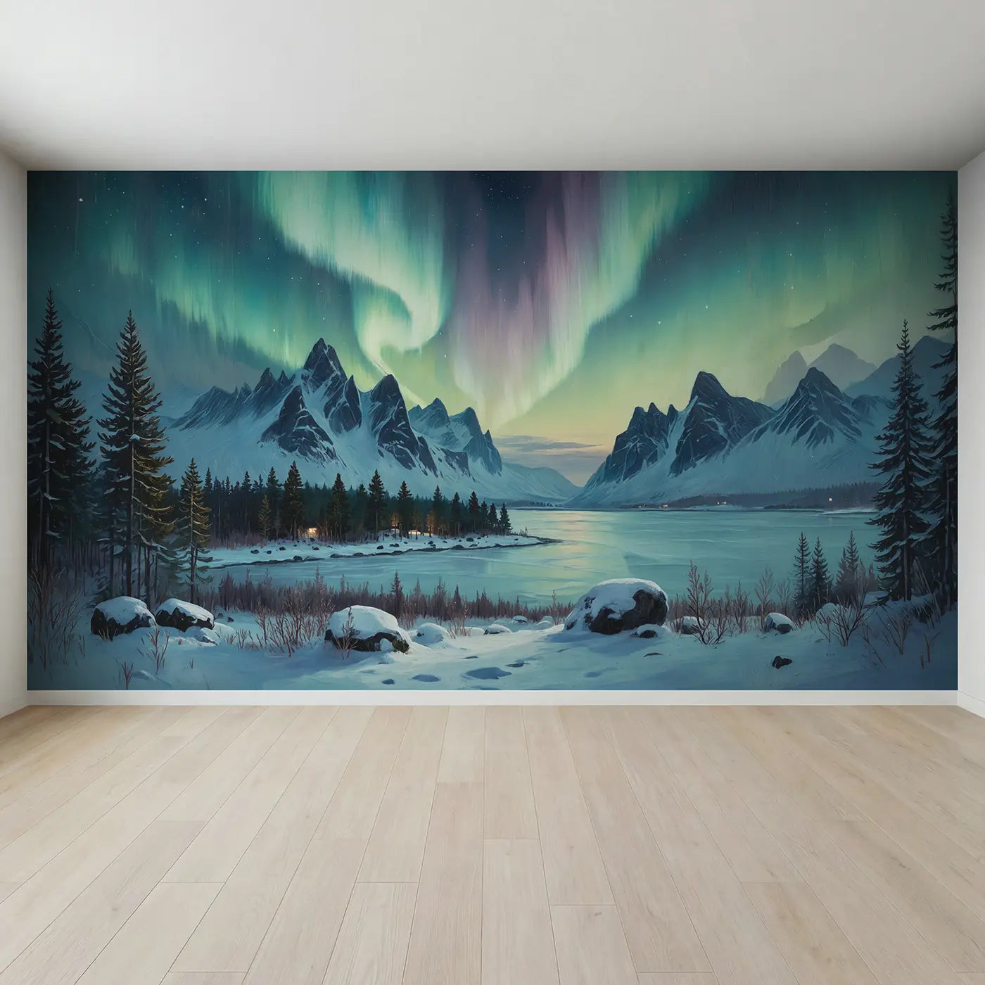 Full view of Arctic Aurora Mountain Wallpaper Mural by Whimsy Tots