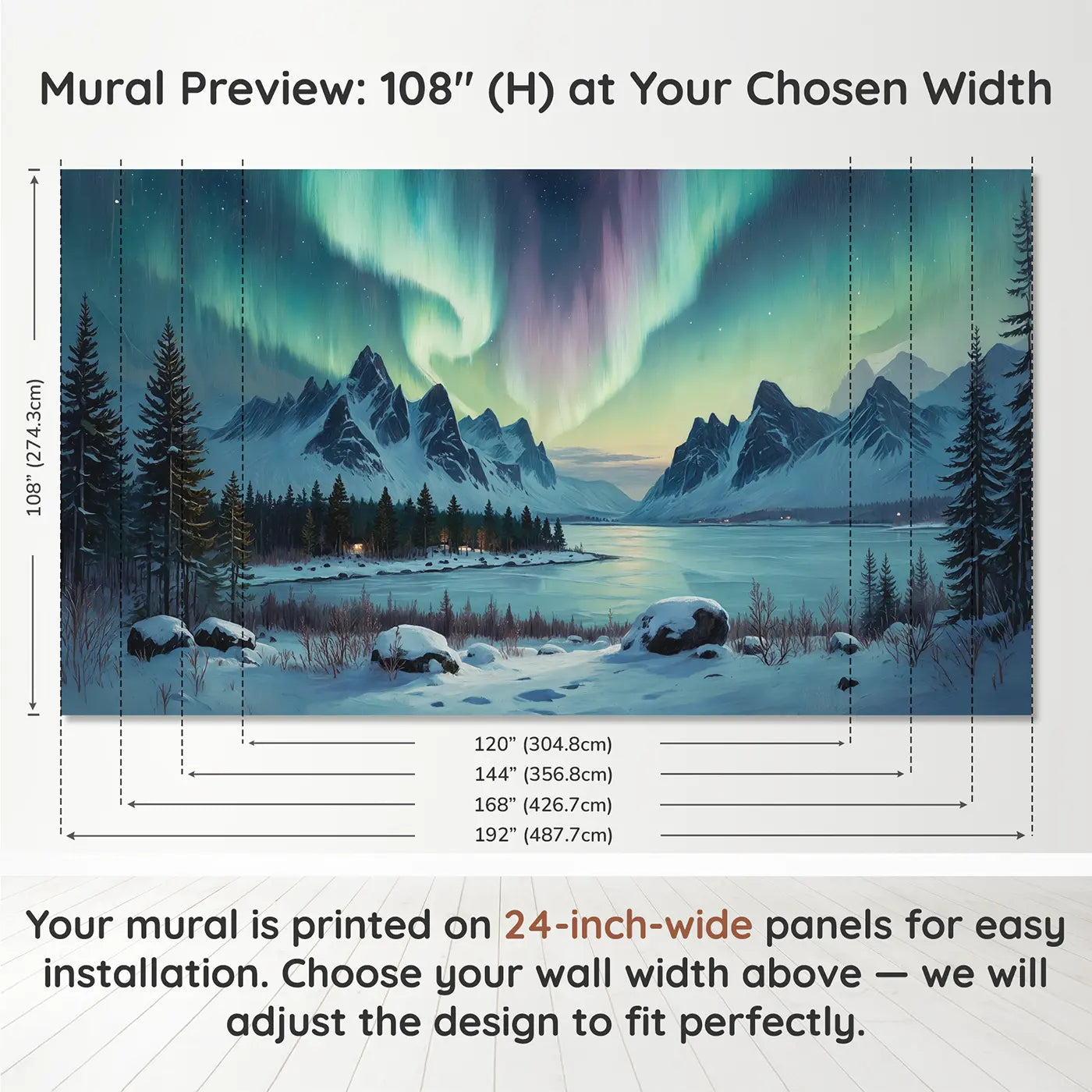 Panel layout and dimensions for Arctic Aurora Mountain Wallpaper Mural by Whimsy Tots