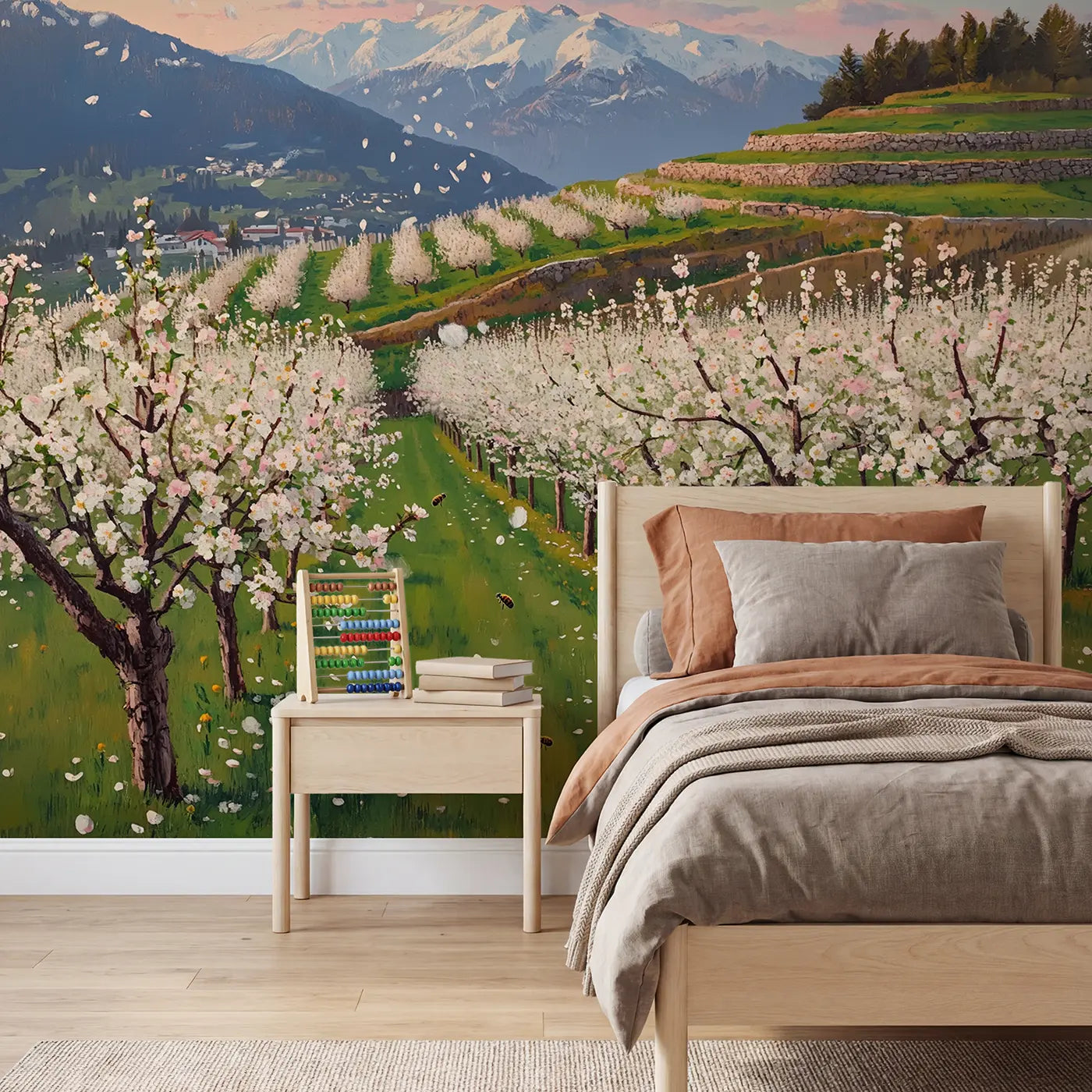 Painted landscape mountain blossom orchard spring wallpaper mural for kids room by Whimsy Tots