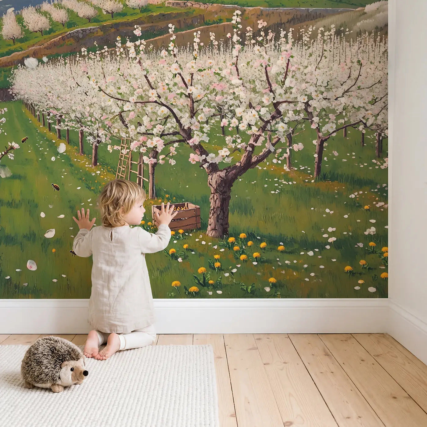 Child in nursery with Mountain Blossom Orchard Spring Wallpaper Mural by Whimsy Tots