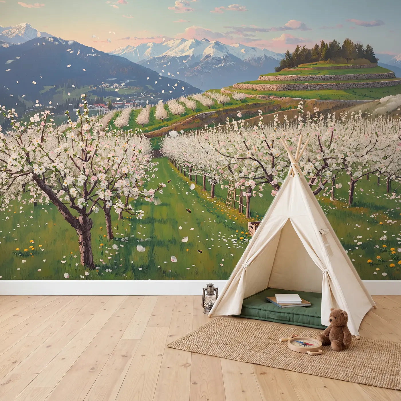Mountain Blossom Orchard Spring Wallpaper Mural in playroom setting by Whimsy Tots