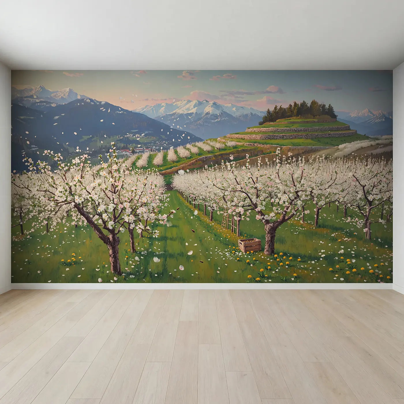Full view of Mountain Blossom Orchard Spring Wallpaper Mural by Whimsy Tots