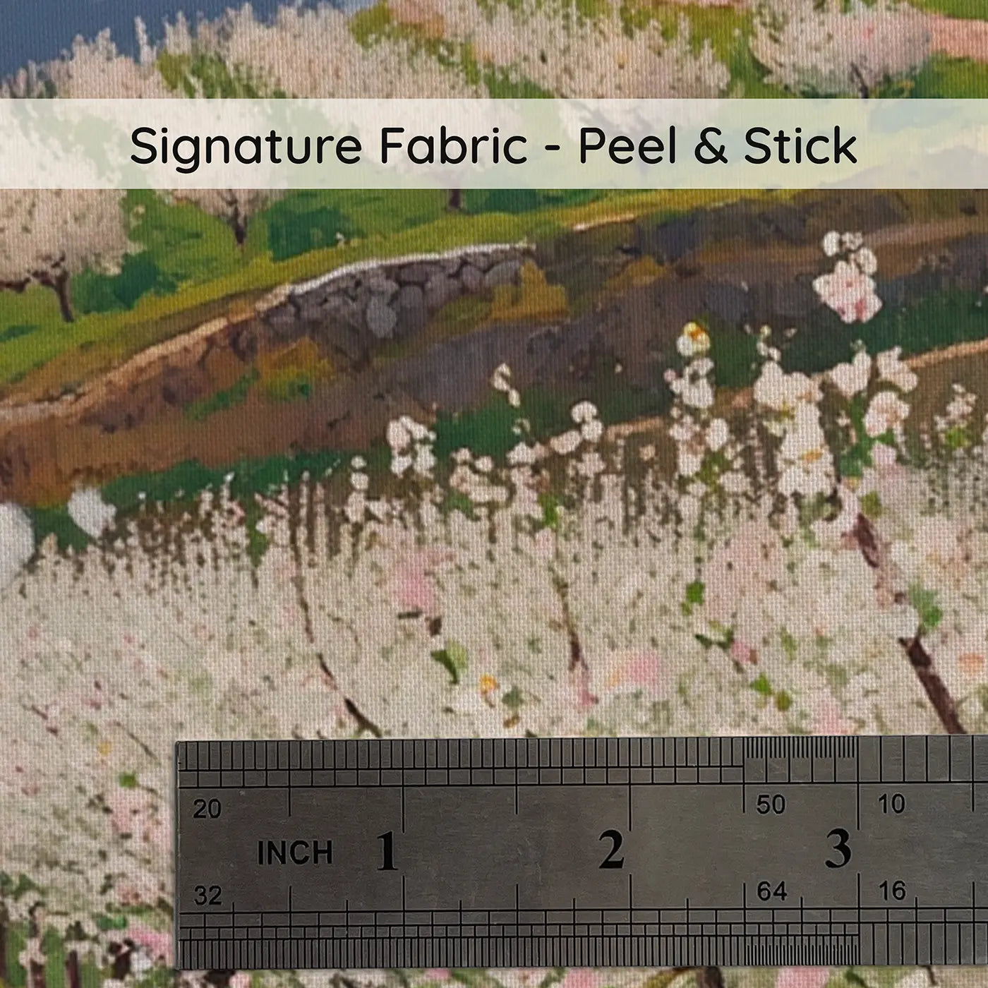 Fabric texture close-up of Mountain Blossom Orchard Spring Wallpaper Mural by Whimsy Tots