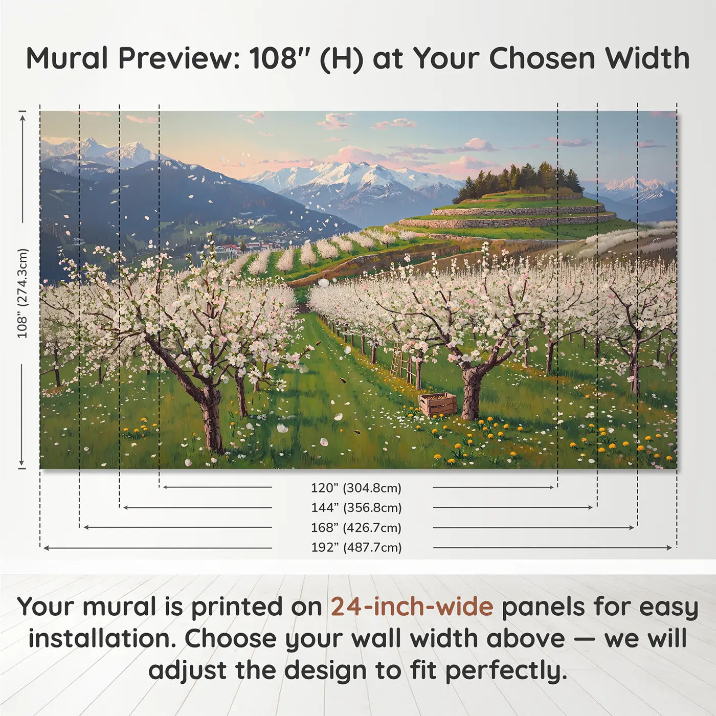 Panel layout and dimensions for Mountain Blossom Orchard Spring Wallpaper Mural by Whimsy Tots