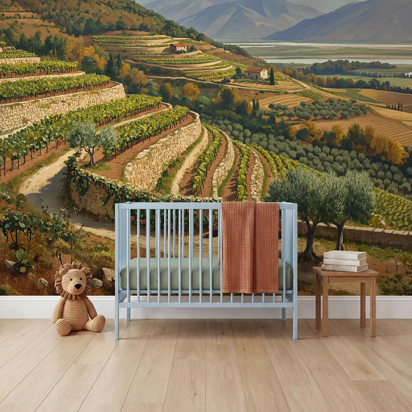 Painted landscape terraced hillside wallpaper mural for nursery by Whimsy Tots
