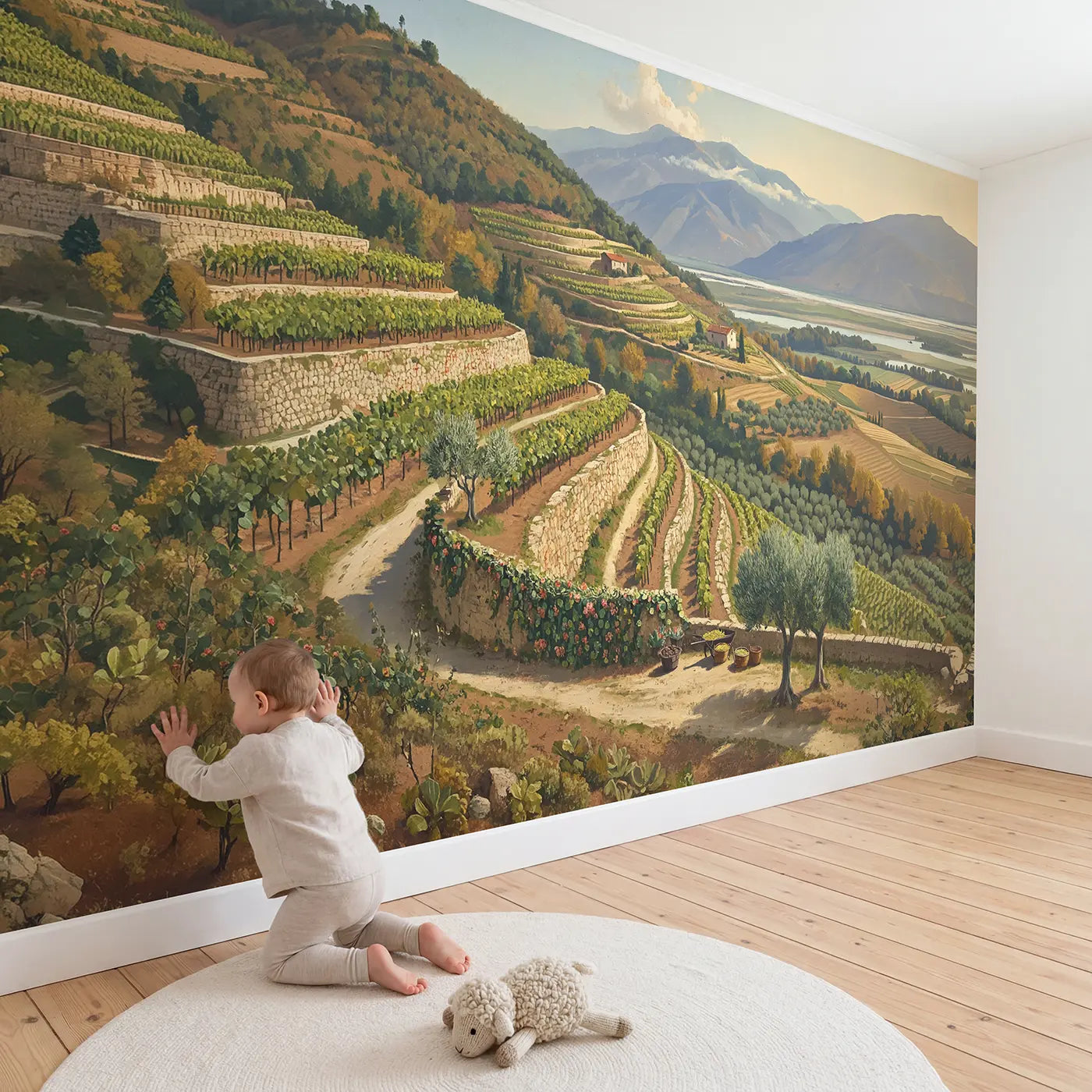 Child in nursery with Terraced Mountain Hillside Wallpaper Mural by Whimsy Tots