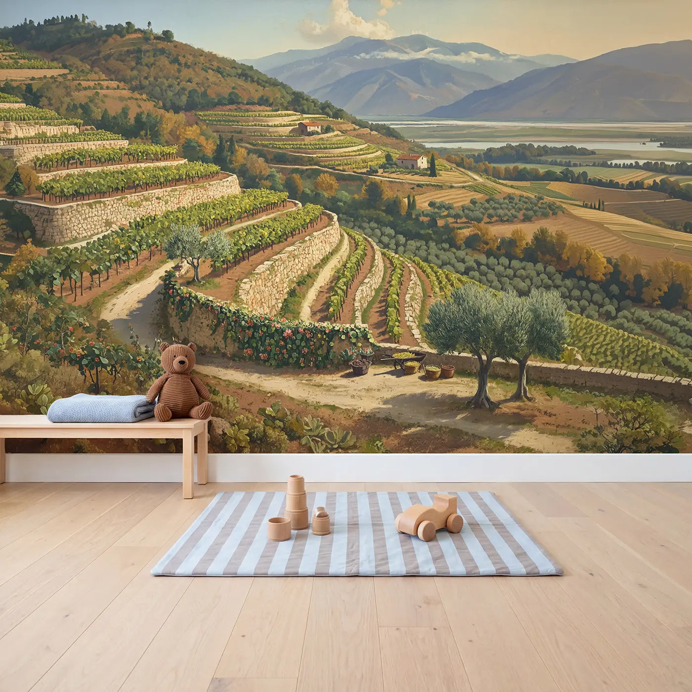 Terraced Mountain Hillside Wallpaper Mural in playroom setting by Whimsy Tots