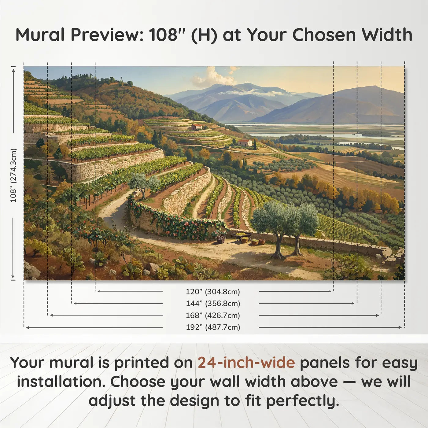Panel layout and dimensions for Terraced Mountain Hillside Wallpaper Mural by Whimsy Tots