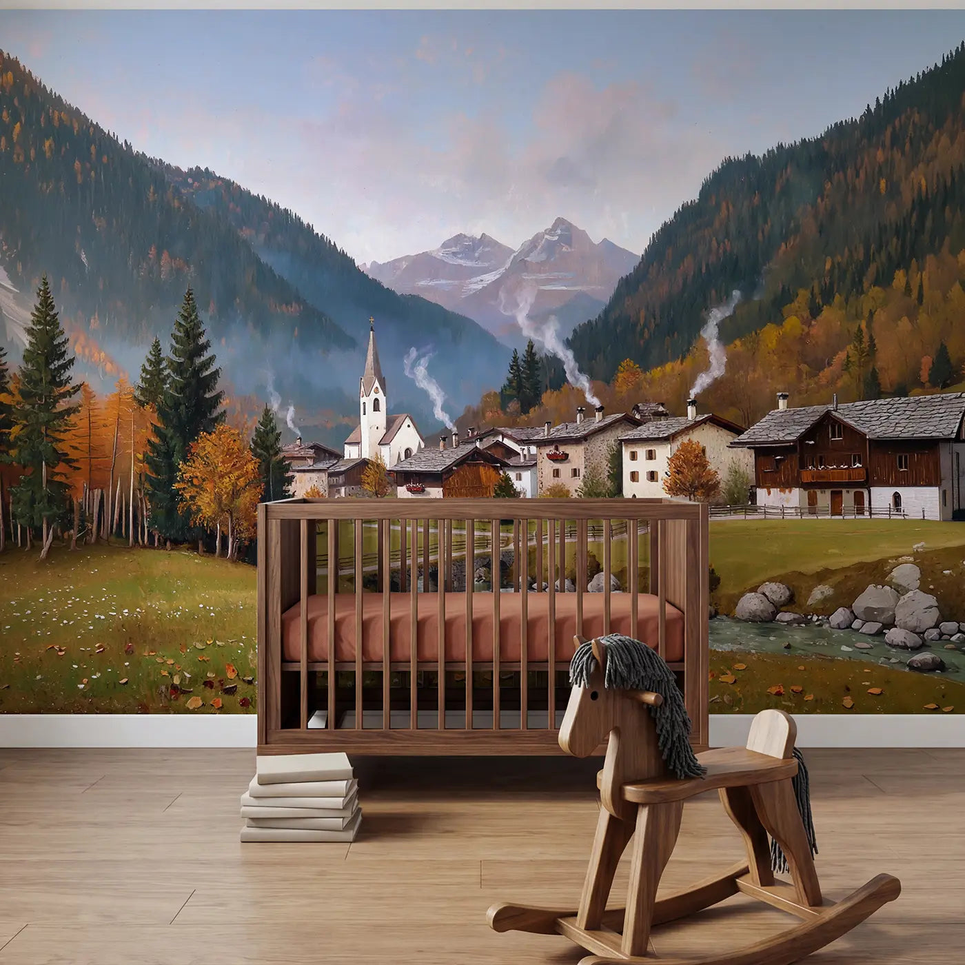 Painted landscape alpine village mountain wallpaper mural for nursery by Whimsy Tots