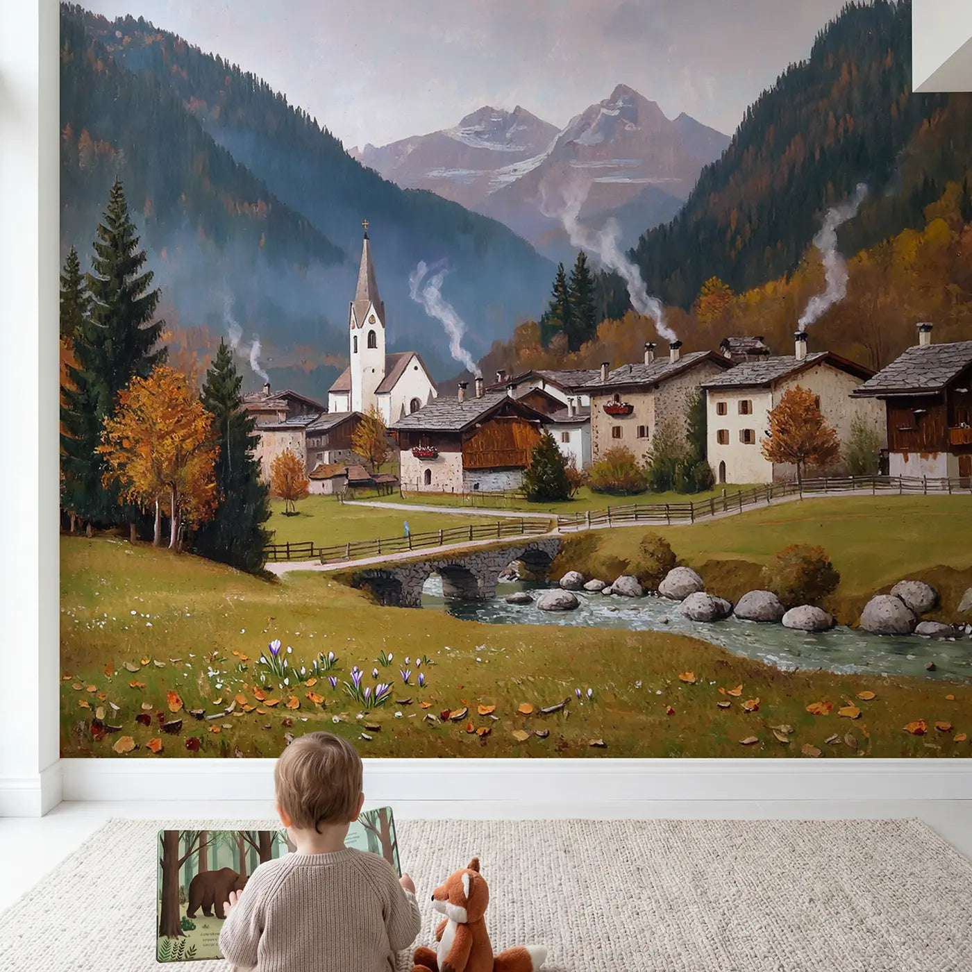 Child in nursery with Alpine Village Valley Wallpaper Mural by Whimsy Tots