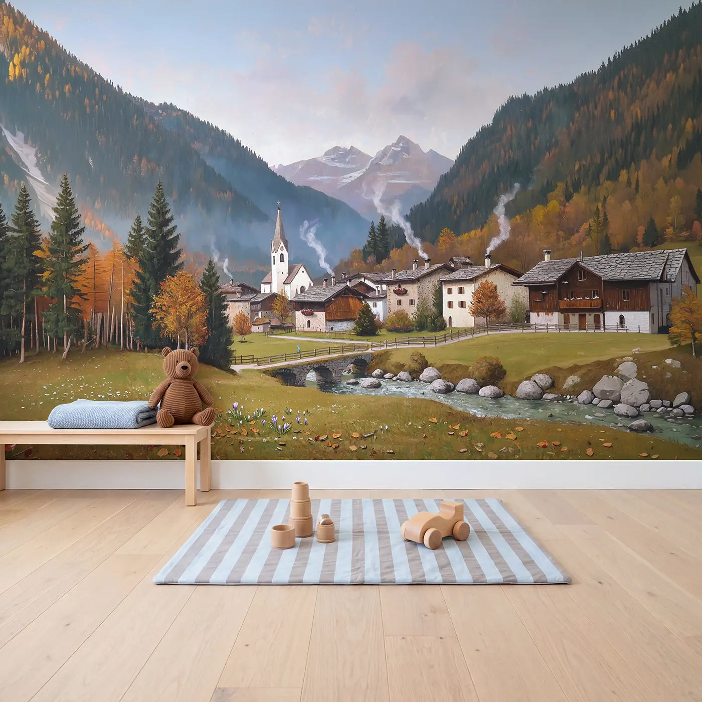 Alpine Village Valley Wallpaper Mural in playroom setting by Whimsy Tots
