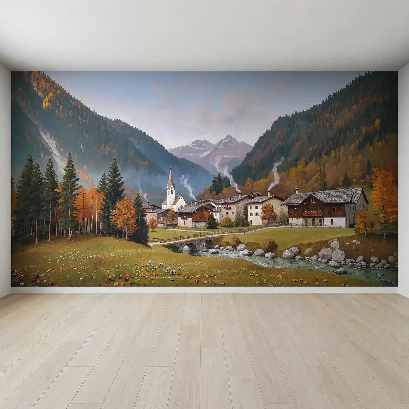 Full view of Alpine Village Valley Wallpaper Mural by Whimsy Tots