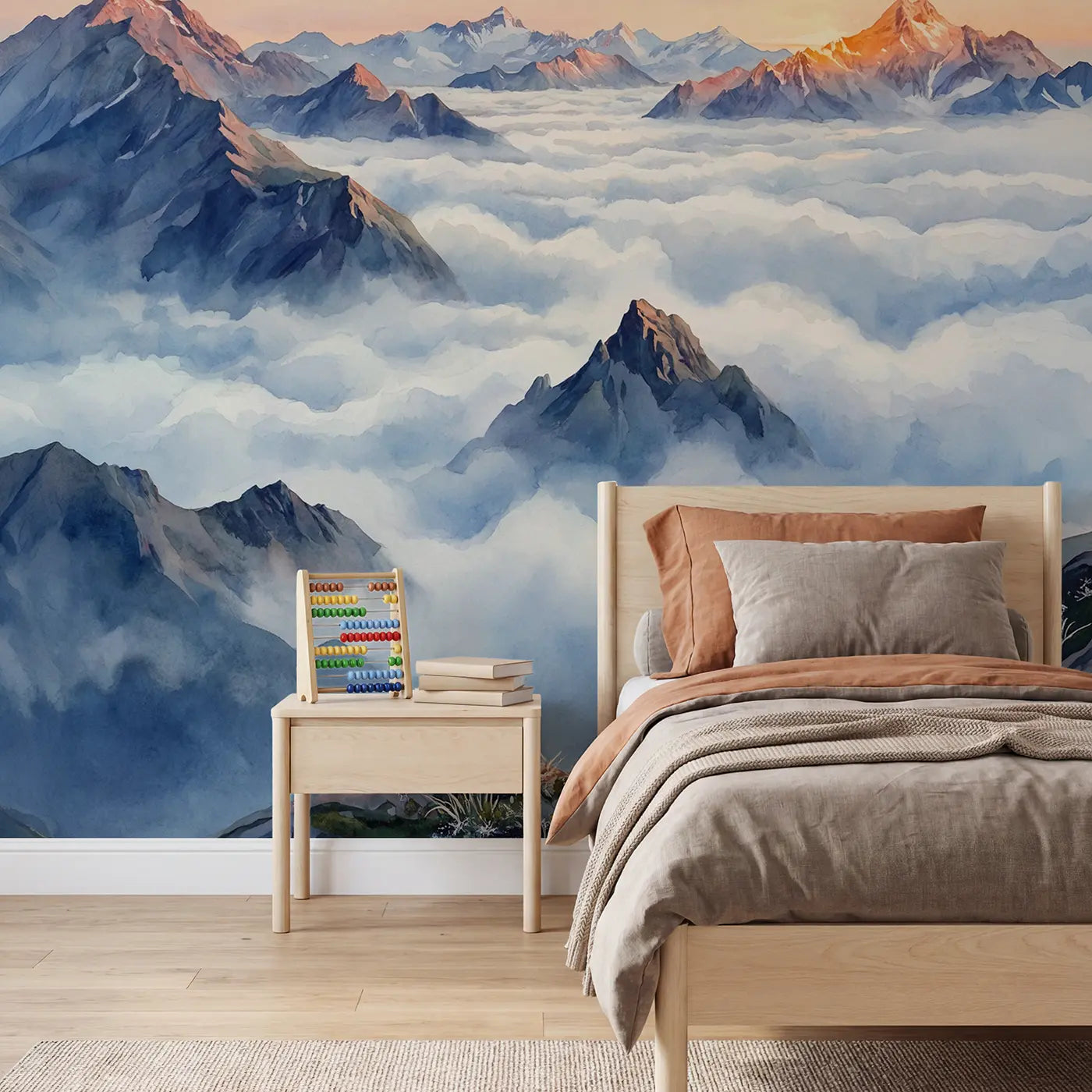 Watercolor mountain peaks above clouds wallpaper mural for kids room by Whimsy Tots